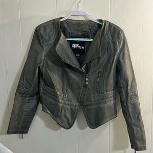 The Fillmore Faux Leather Cropped Jacket- Charcoal, Asymmetrical, Size Large